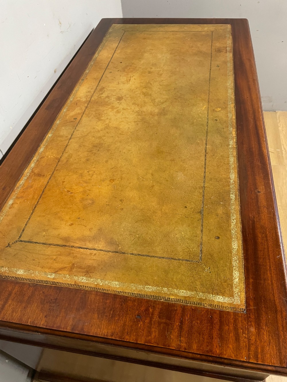 Edwardian mahogany pedestal three part desk with a tooled leather View V