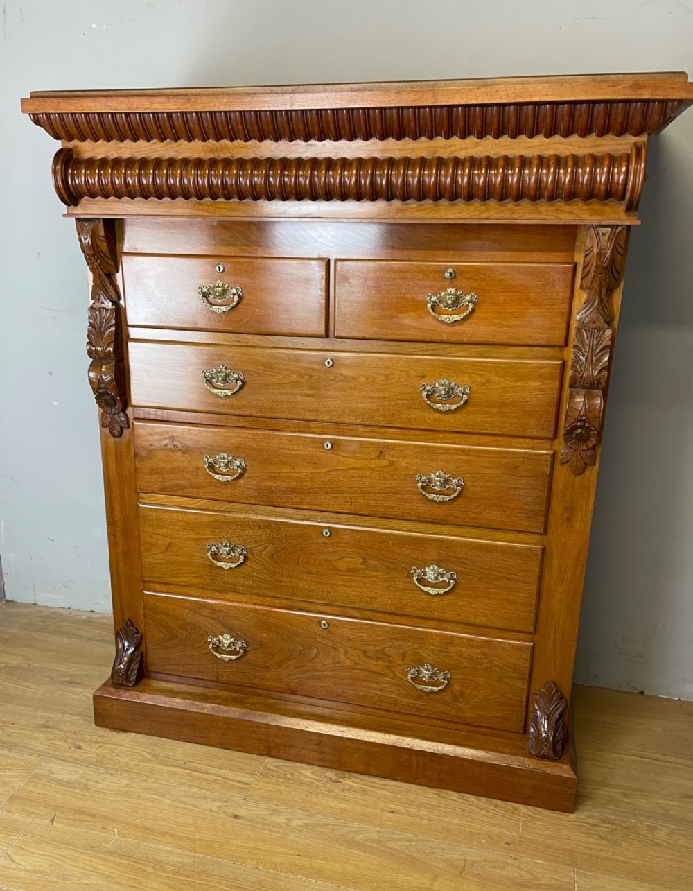 A 19th-century Scottish walnut chest of drawers featuring carved acanthus corbels, a gadrooned top frieze, and ornate brass drop handles.