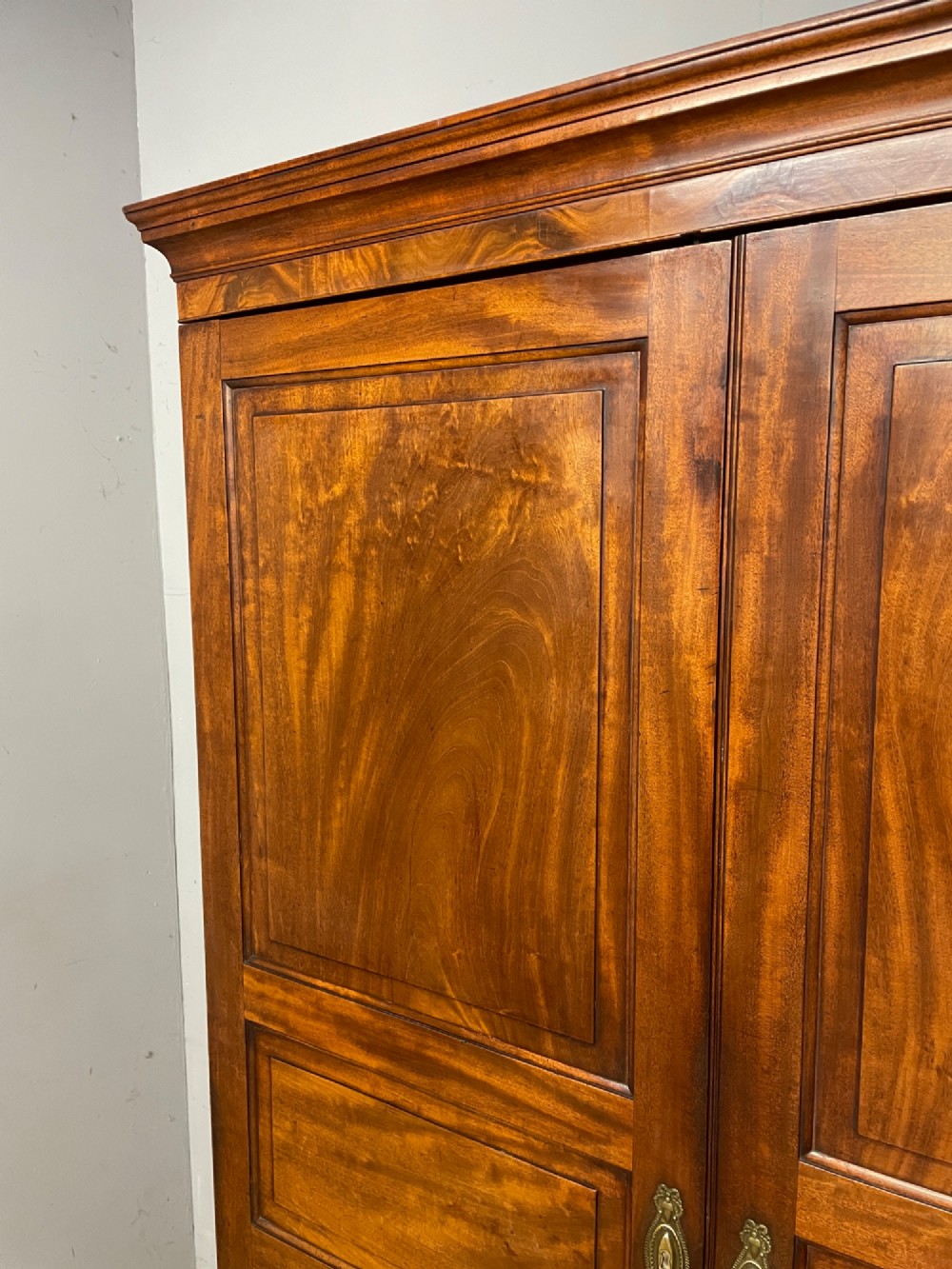 A nineteenth-century two-door flame mahogany wardrobe with panelled doors, brass escutcheons, and a moulded cornice. View VI