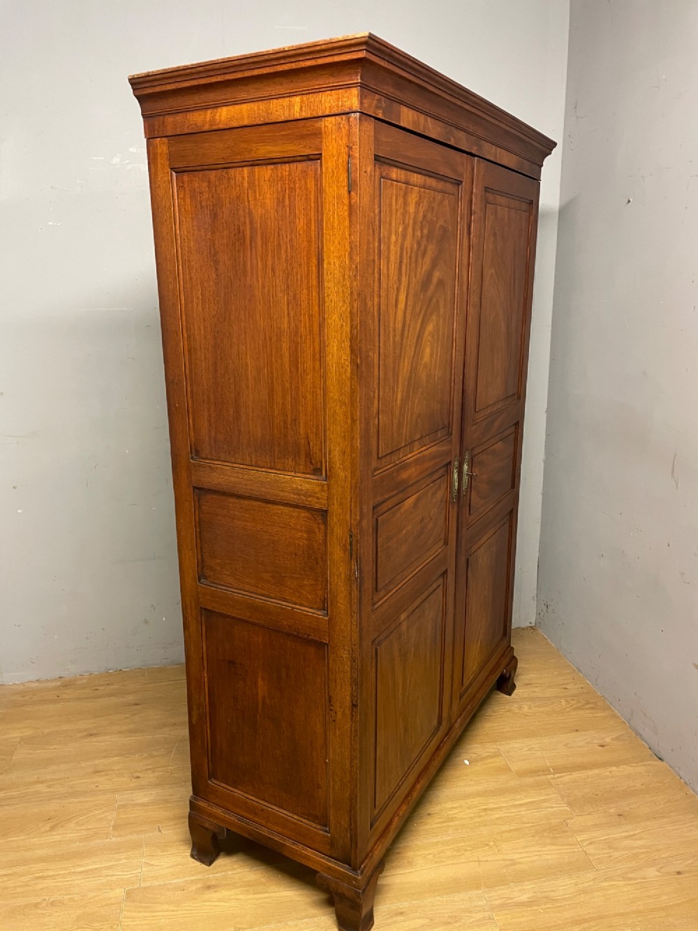 A nineteenth-century two-door flame mahogany wardrobe with panelled doors, brass escutcheons, and a moulded cornice. View IX