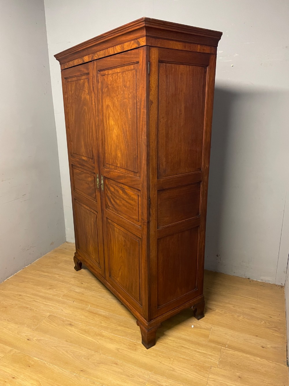 A nineteenth-century two-door flame mahogany wardrobe with panelled doors, brass escutcheons, and a moulded cornice. View X