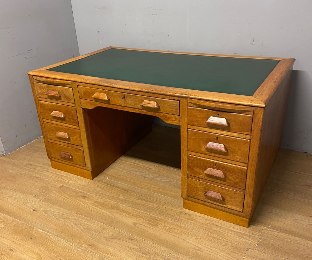 Art deco golden oak twin pedestal desk