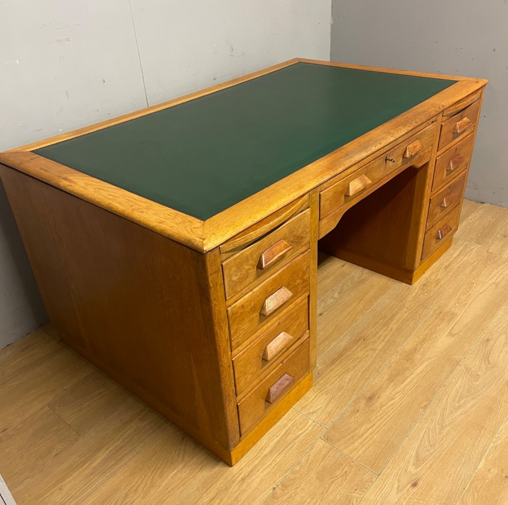 Art deco golden oak twin pedestal desk View II