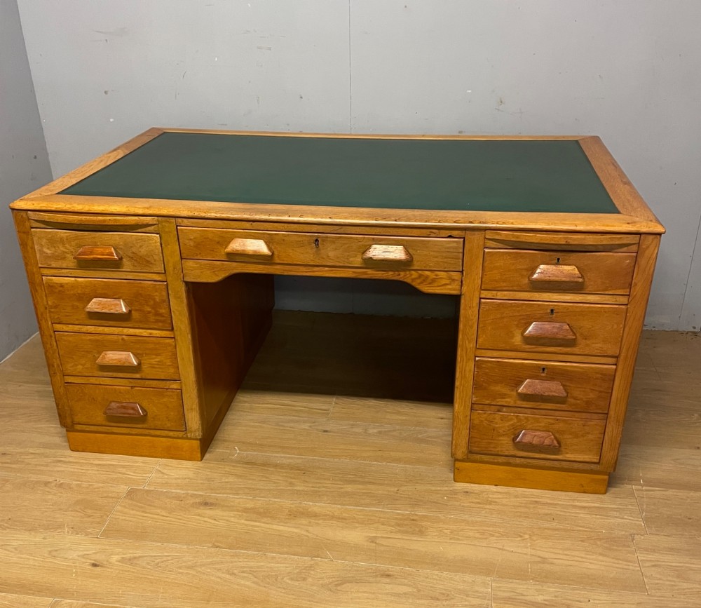 Art deco golden oak twin pedestal desk View III