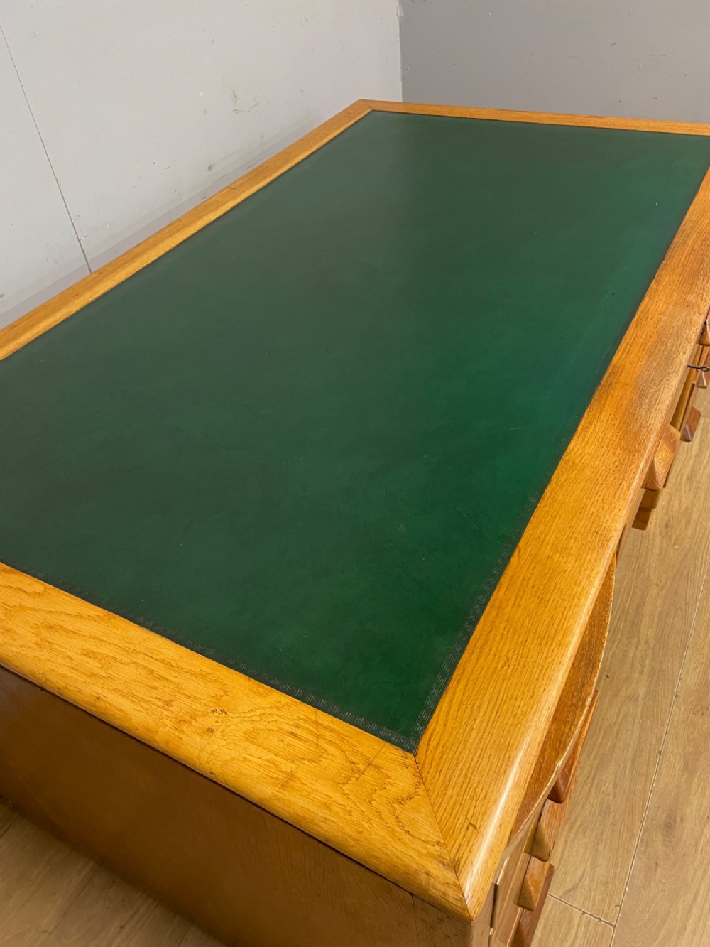 Art deco golden oak twin pedestal desk View IV