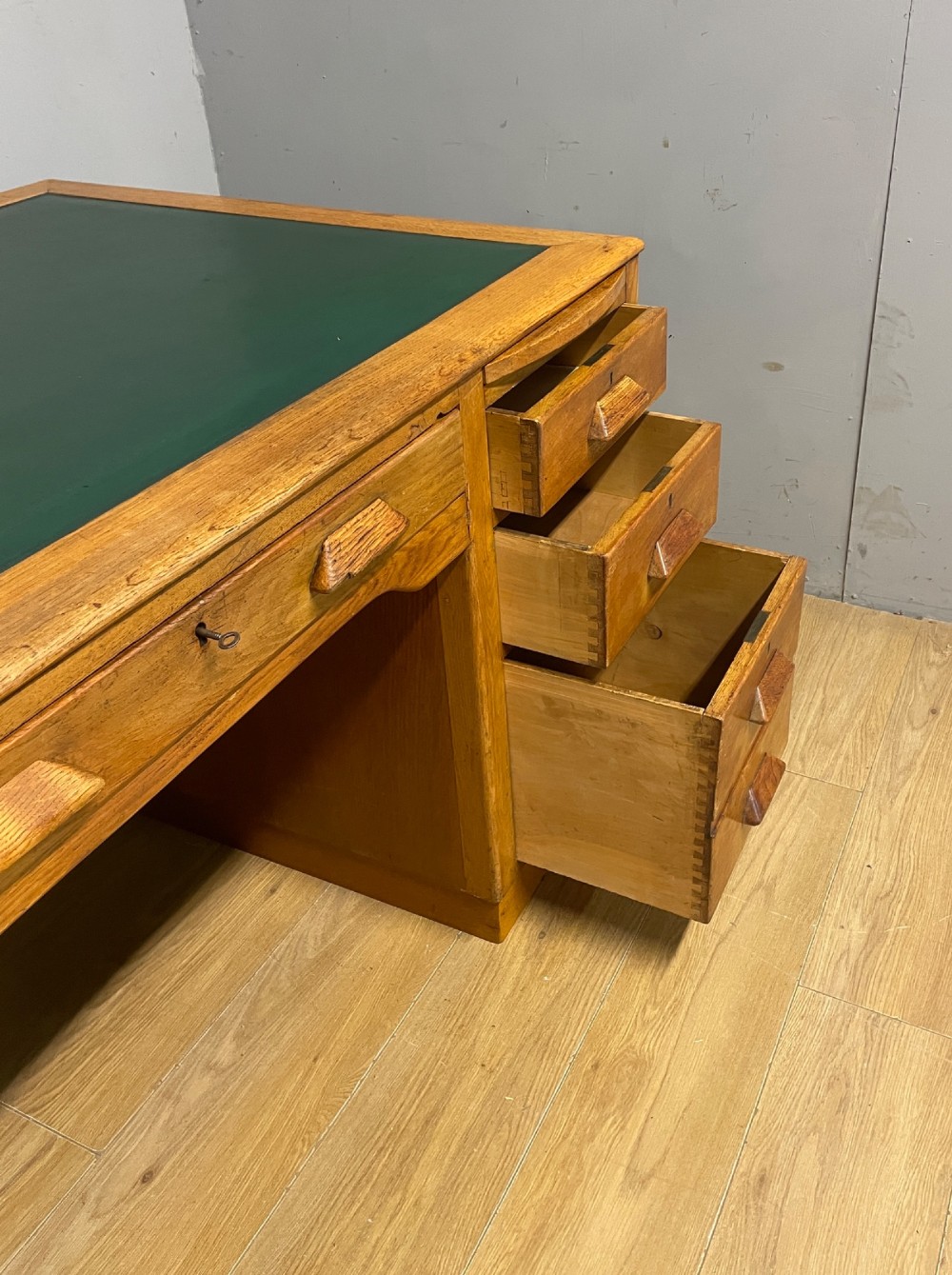Art deco golden oak twin pedestal desk View VI