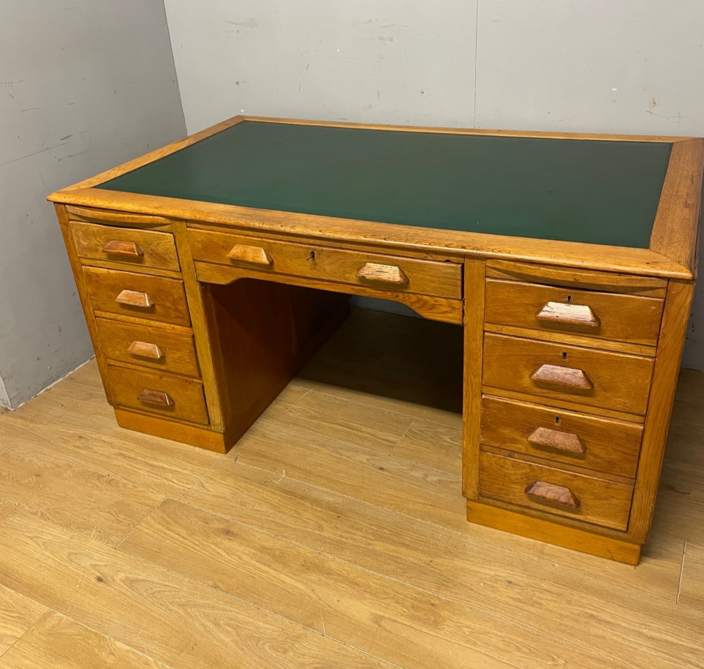 Art deco golden oak twin pedestal desk View XI