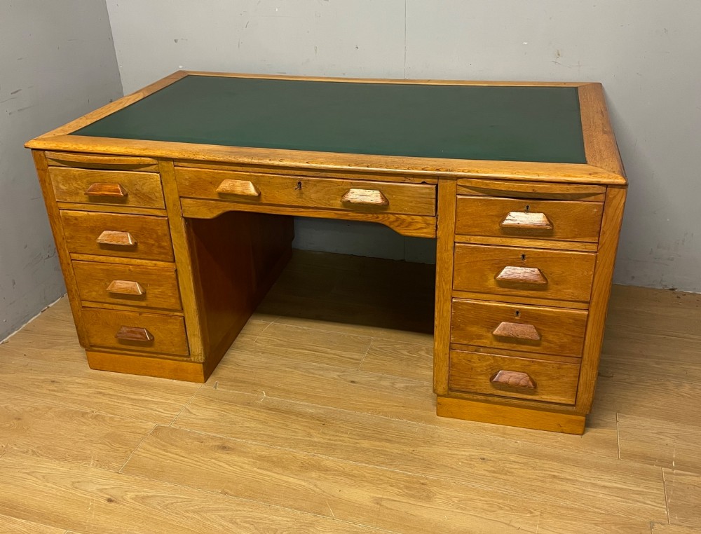 Art deco golden oak twin pedestal desk View XII