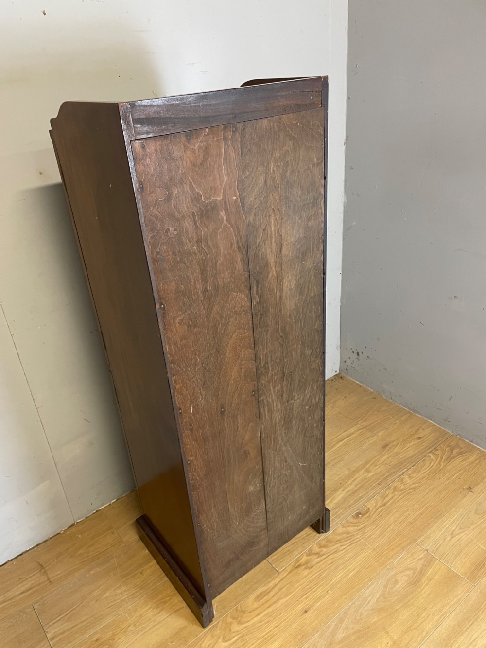 A tall, narrow early 20th-century solid mahogany filing cabinet featuring two panelled door drawers with metal handles, a plinth base, and a raised gallery top. View IX