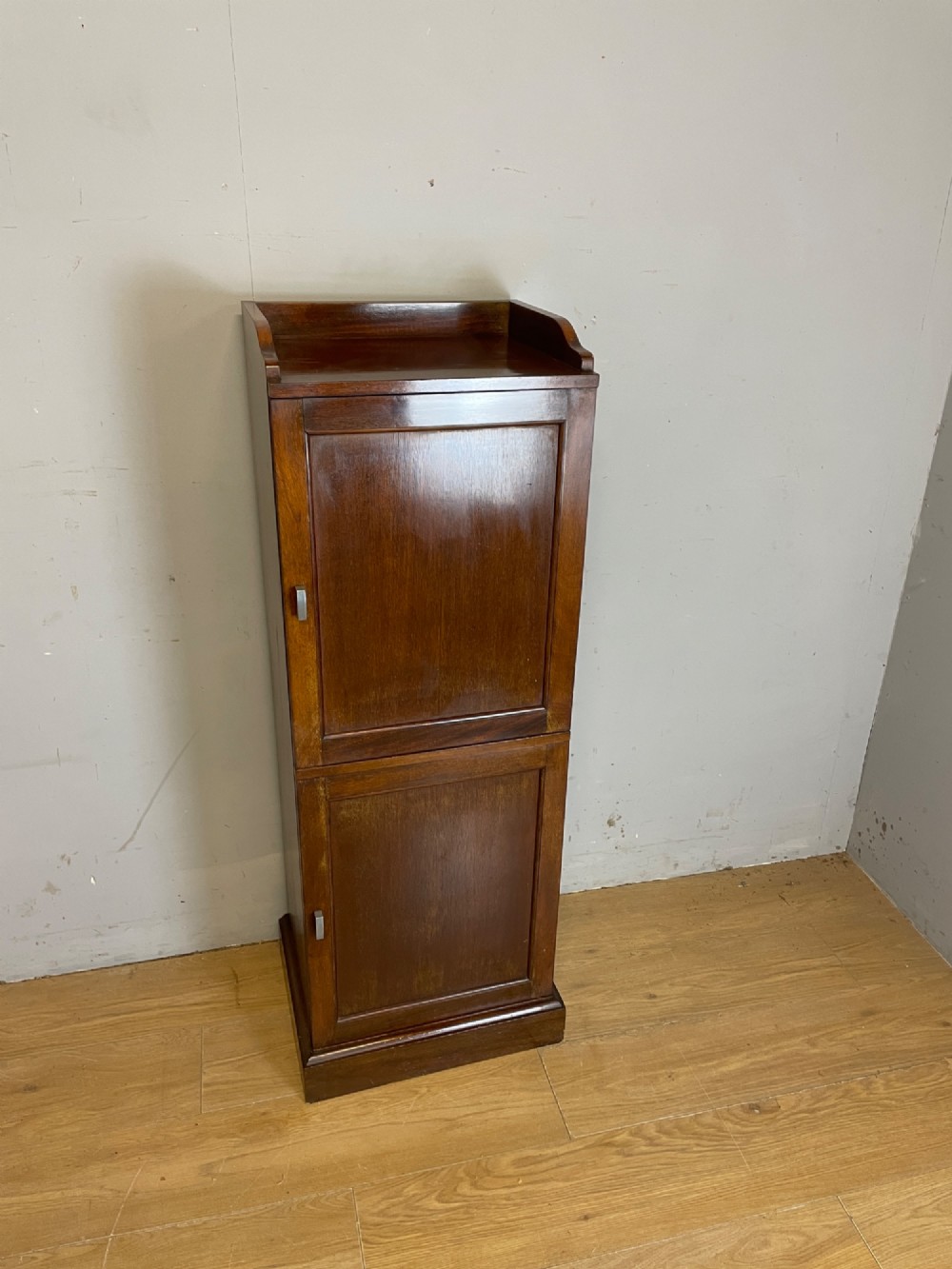 A tall, narrow early 20th-century solid mahogany filing cabinet featuring two panelled door drawers with metal handles, a plinth base, and a raised gallery top. View X