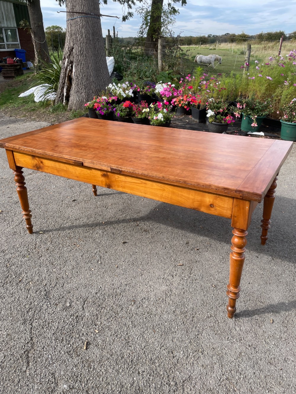 A 19th-century French cherrywood extending dining table featuring turned legs and a polished rectangular top. View II