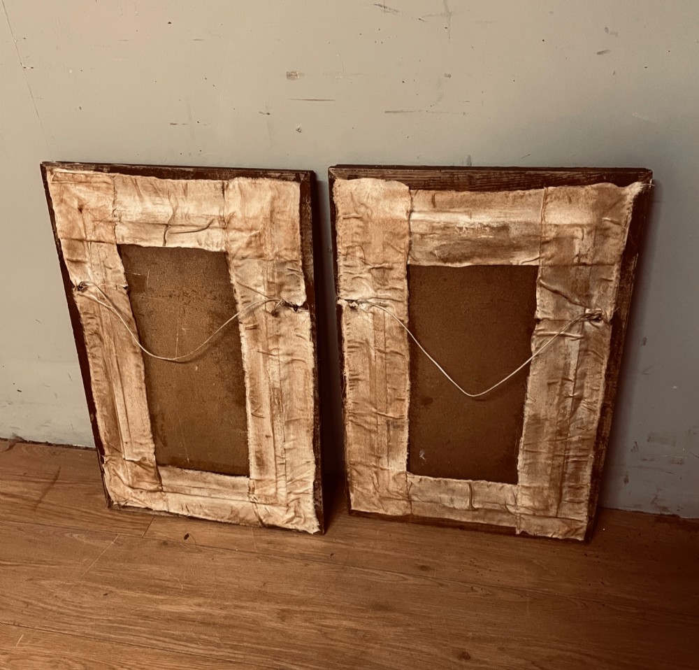 A pair of vertical late 19th-century oil paintings depicting green river and woodland landscapes in ornate gilded frames. View X