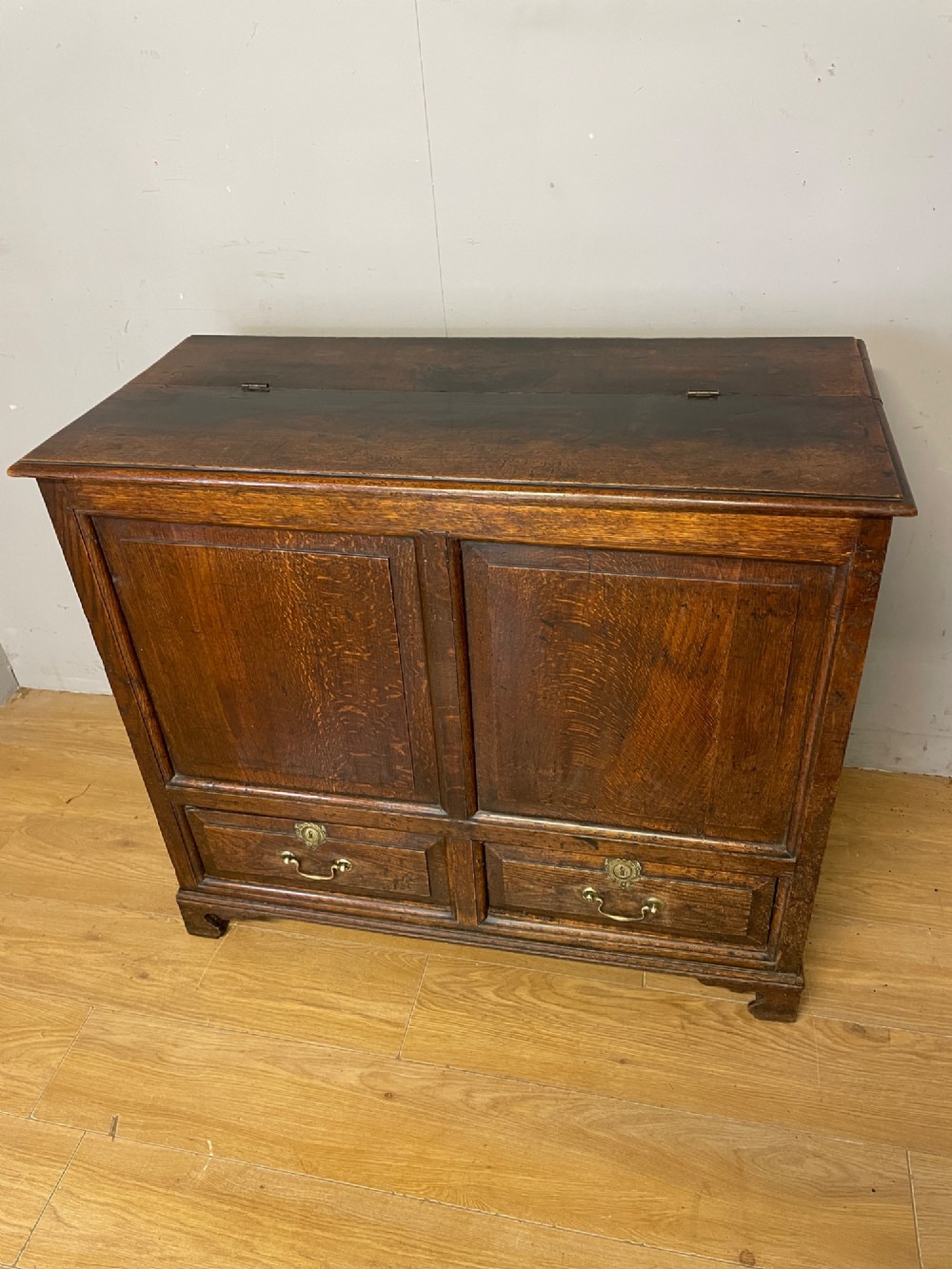 A nineteenth-century dark oak mule chest featuring a hinged lid, two front raised field panels, and two lower drawers with brass swan-neck handles. View II