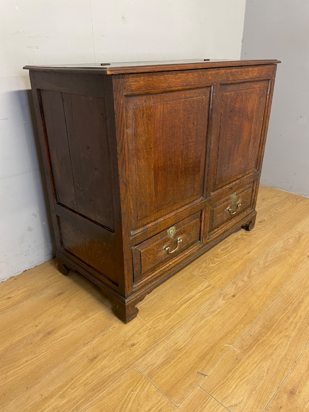 A nineteenth-century dark oak mule chest featuring a hinged lid, two front raised field panels, and two lower drawers with brass swan-neck handles. View III