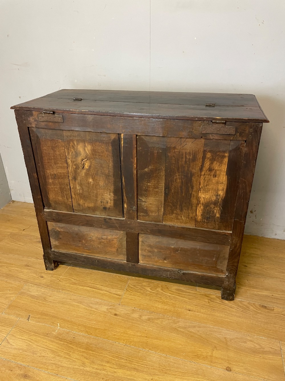 A nineteenth-century dark oak mule chest featuring a hinged lid, two front raised field panels, and two lower drawers with brass swan-neck handles. View X