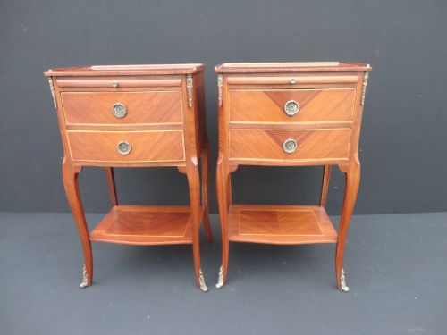 Pair of French Walnut Inlay Bedside Cabinets.