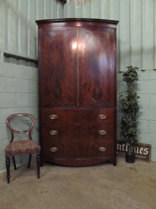 Antique Regency Mahogany Bow Fronted Clothes Press Wardrobe on Chest C1800