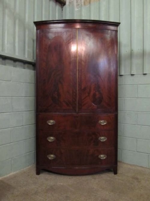 fig 1. ANTIQUE REGENCY MAHOGANY BOW FRONTED CLOTHES PRESS WARDROBE ON CHEST C1800