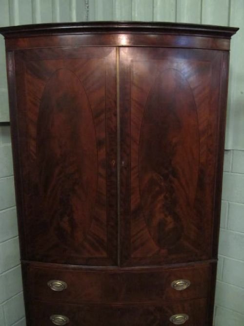 fig 2. ANTIQUE REGENCY MAHOGANY BOW FRONTED CLOTHES PRESS WARDROBE ON CHEST C1800