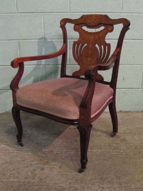 Antique Victorian Mahogany Inlaid Open Armchair / Desk Chair C1890 W6275/14.2