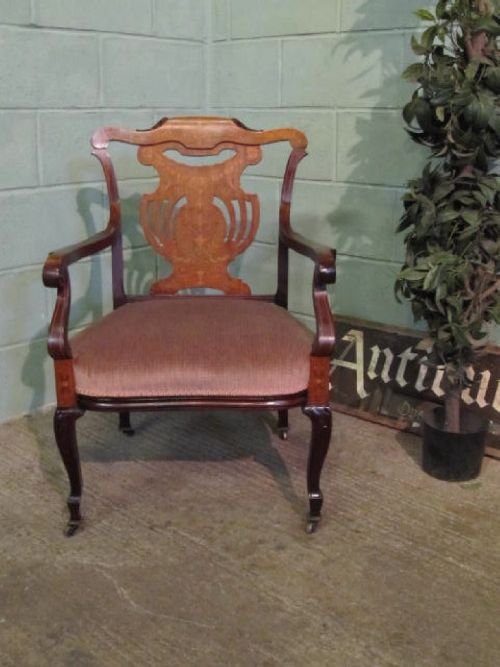 fig 1. ANTIQUE VICTORIAN MAHOGANY INLAID OPEN ARMCHAIR / DESK CHAIR C1890 W6275/14.2