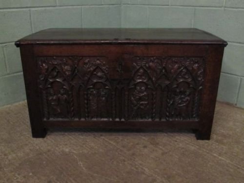 fig 1. ANTIQUE GEORGIAN CARVED OAK COFFER CHEST BOX WITH ORIGINAL LOCK & KEY C1780 W6277/14.2
