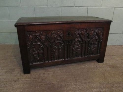 Antique Georgian Carved Oak Coffer Chest Box with Original Lock & Key  C1780  W6277/14.2