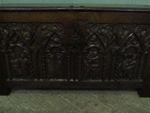 fig 2. ANTIQUE GEORGIAN CARVED OAK COFFER CHEST BOX WITH ORIGINAL LOCK & KEY C1780 W6277/14.2