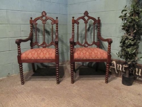 Antique Pair Pugin Gothic Oak Armchairs C1850 W6588/26.9
