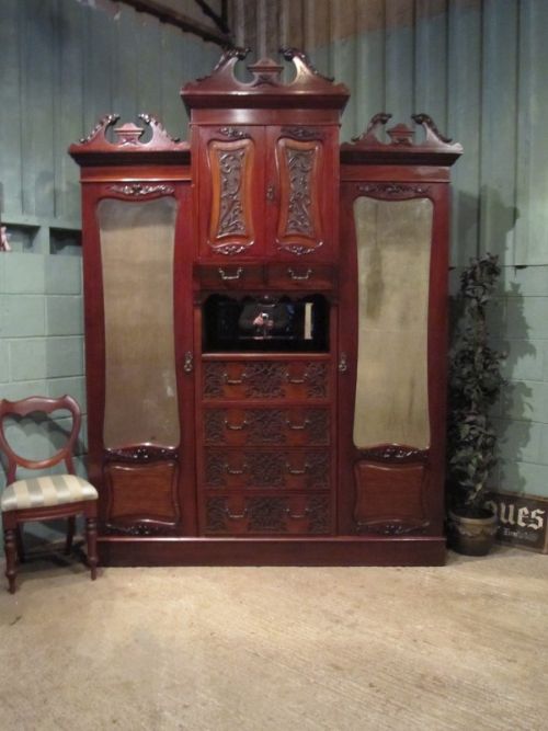 Antique Art Nouveau Mahogany Breakfront Triple Wardrobe Compactum C1890