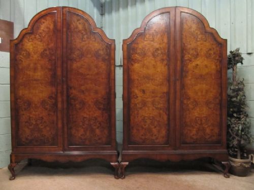 Antique Pair Burr Walnut Ladies & Gents Double Wardrobes C1920