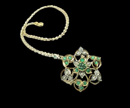 BEAUTIFUL VICTORIAN SILVER GOLD EMERALD DIAMOND PENDANT BROOCH - ADDITIONAL PHOTO 2