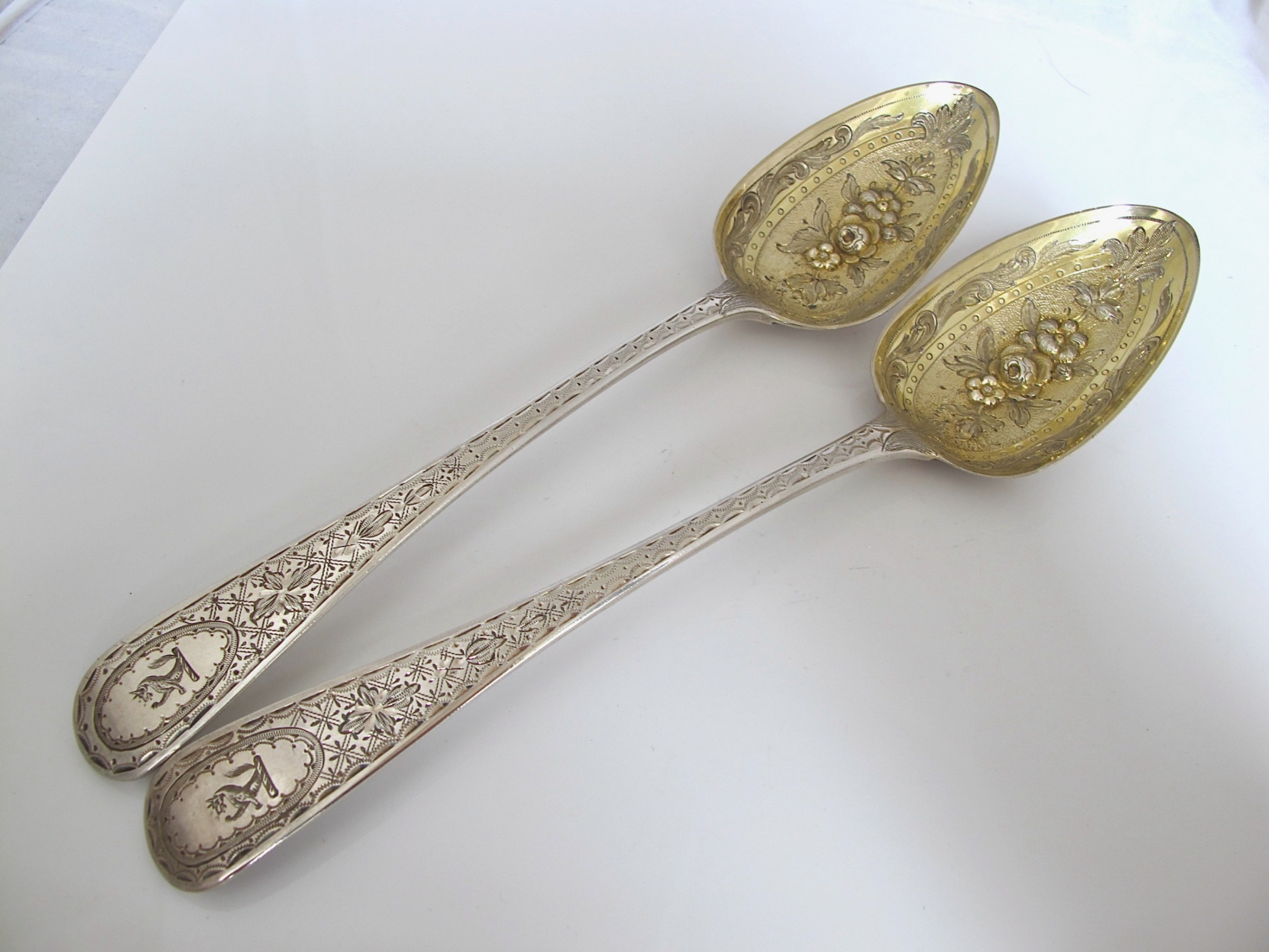 Outstanding Cased Antique Silver Fruit Servers Or Berry Spoons. W. M ...