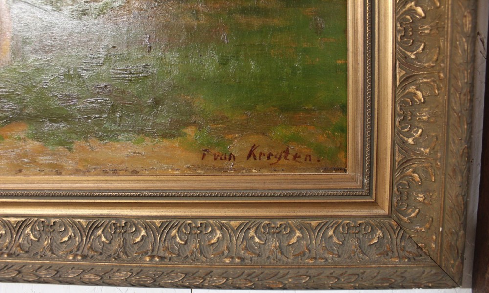 An oil painting on canvas depicting a brown and white calf standing in a green field surrounded by trees, housed within an ornate gilded frame. View IV