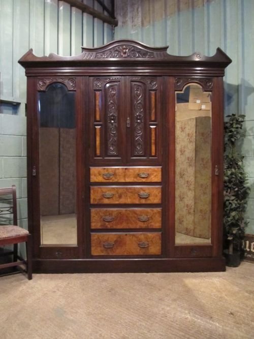 Antique Victorian Art Nouveau Mahogany and Walnut Triple Wardrobe Compactum C1890 W6926/7.5
