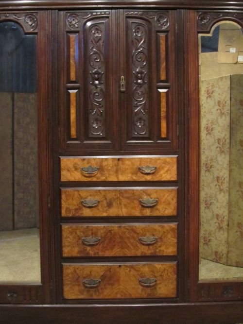 fig 1. ANTIQUE VICTORIAN ART NOUVEAU MAHOGANY AND WALNUT TRIPLE WARDROBE COMPACTUM C1890 W6926/7.5