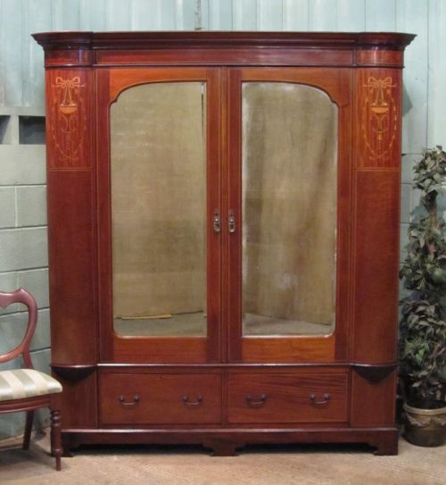 Antique Large Edwardian Inlaid Mahogany Double Wardrobe with Secret Compartments C1900