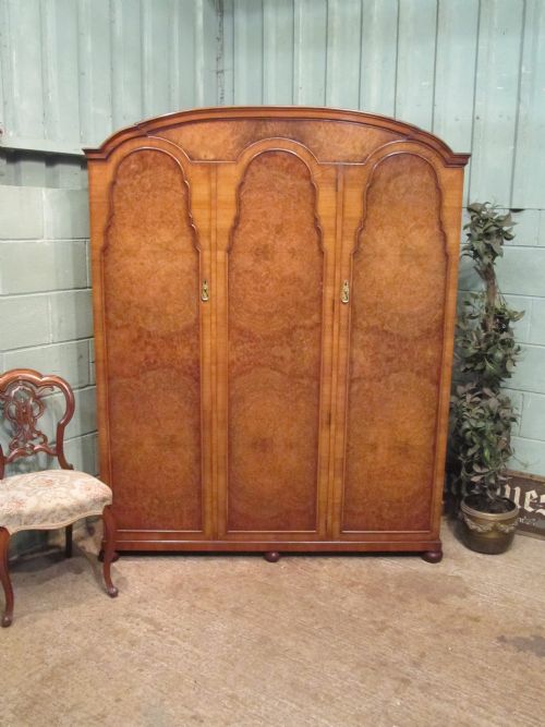 Antique Art Deco Burr Walnut Triple Wardrobe C1920