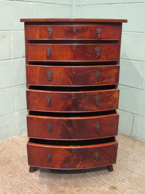 fig 1. Antique Edwardian Flamed Mahogany Narrow Bow Front Chest of Drawers c1900