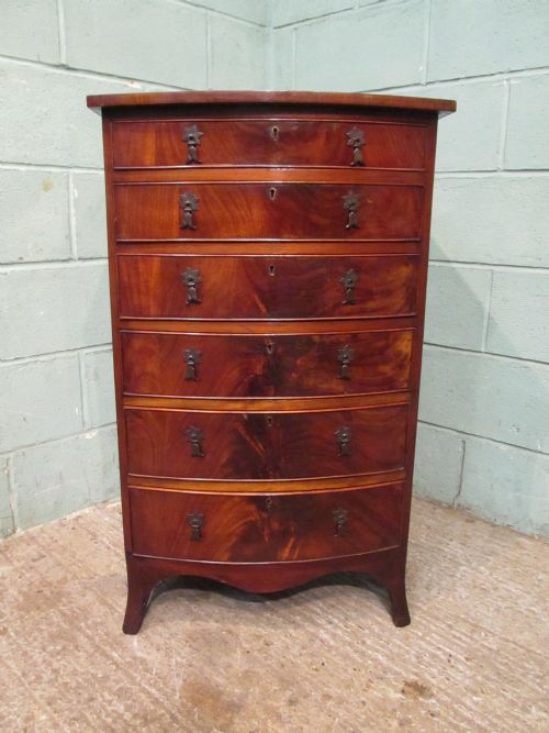 Antique Edwardian Flamed Mahogany Narrow Bow Front Chest of Drawers C1900