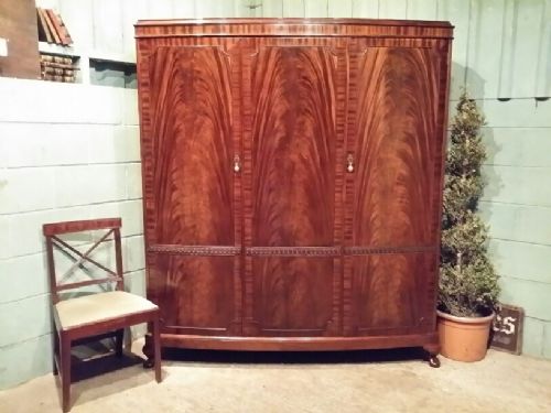 Antique Edwardian Bowfront Flamed Mahogany Triple Wardrobe C1900