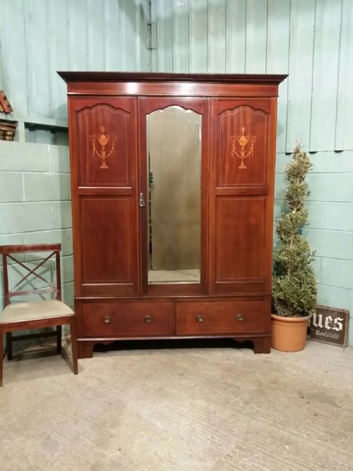 Antique Edwardian Inlaid Mahogany Double Wardrobe C1900