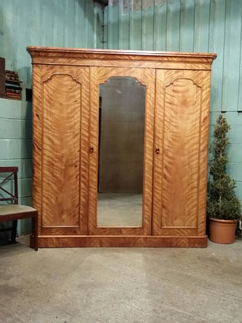 Antique Victorian Satin Birch Triple Wardrobe C1880
