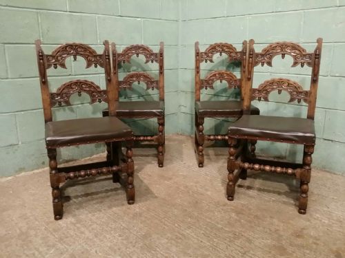Antique Set Four Victorian Carved Oak Yorkshire Dining Chairs. C1890