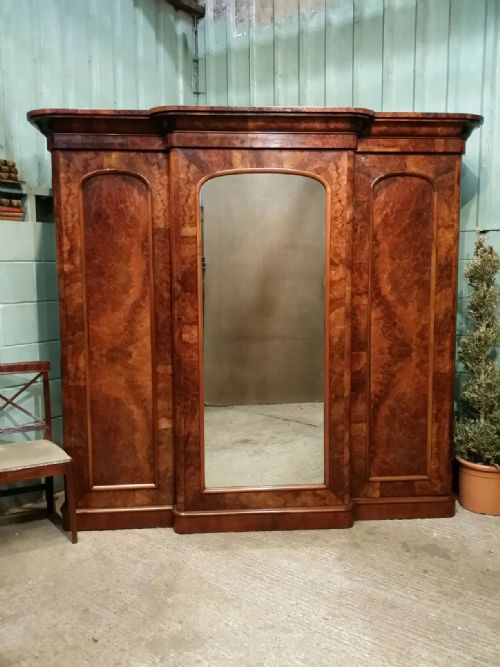 Antique Victorian Burr Walnut Breakfront Triple Wardrobe C1880