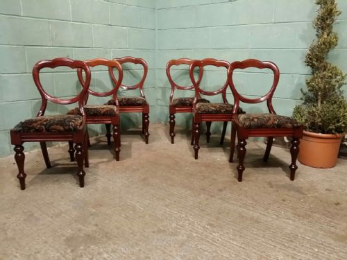 Antique Victorian Set Six Mahogany Balloon Back Chairs C1880