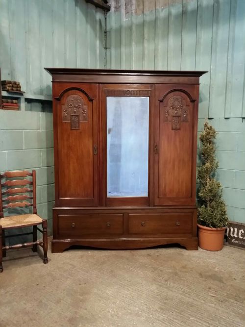 Antique Victorian Art Nouveau Oak Triple Wardrobe C1890