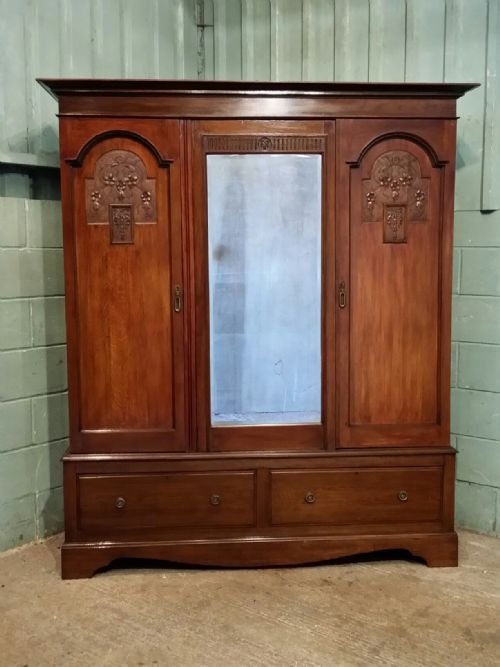 fig 1. ANTIQUE VICTORIAN ART NOUVEAU OAK TRIPLE WARDROBE C1890