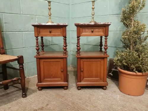 Antique Pair French Oak Marble Topped Bedside Cabinets C1880