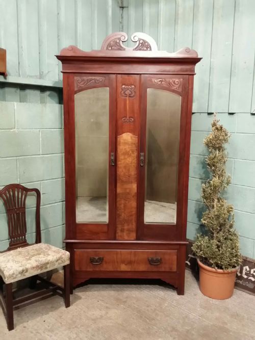 Antique Art Nouveau Mahogany and Walnut Double Wardrobe C1890